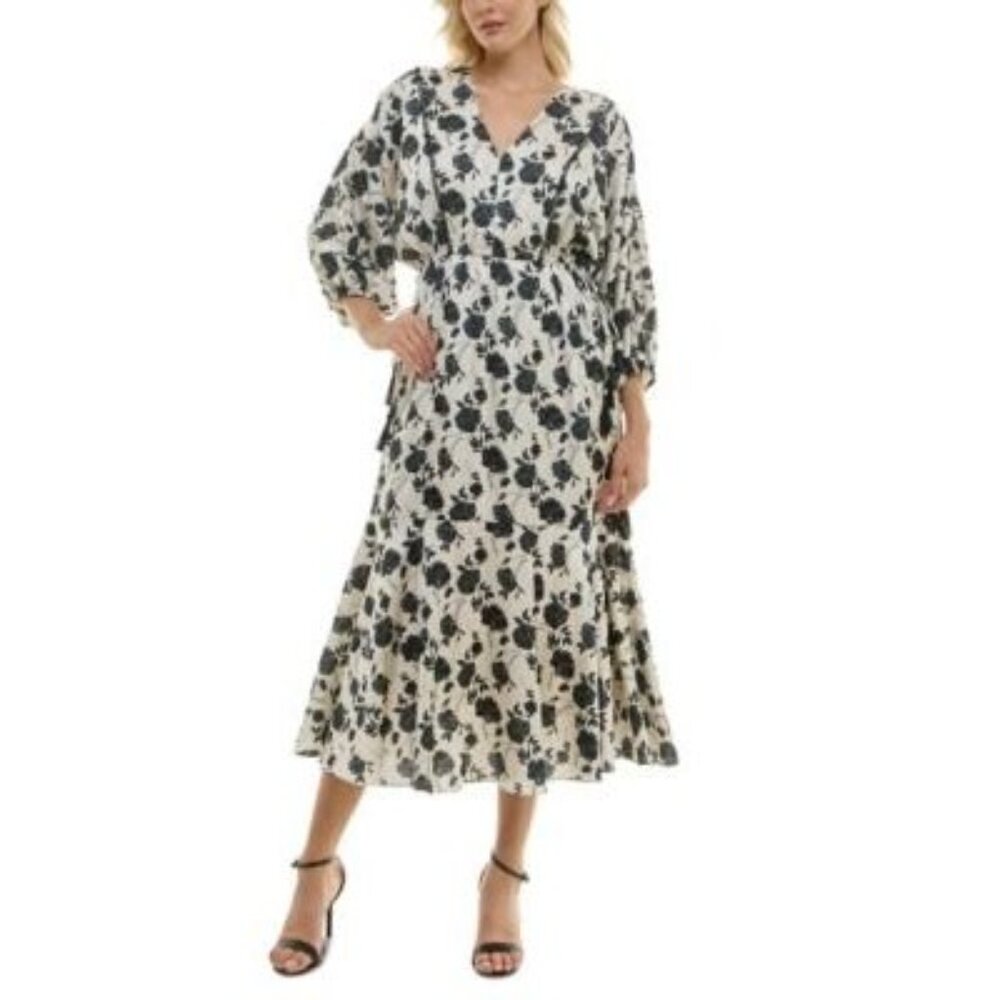 Taylor Floral Ruffled-Hem Elastic-Waist Fit & Flare Dress Black/Ecru Size 2 NWT